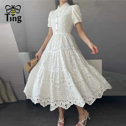 Bohemian Summer Dress with Embroidered Puff Sleeves