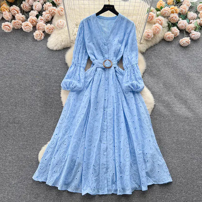 Bohemian Summer Dress with Embroidered Puff Sleeves