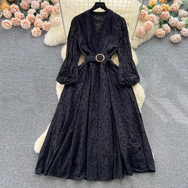 Bohemian Summer Dress with Embroidered Puff Sleeves