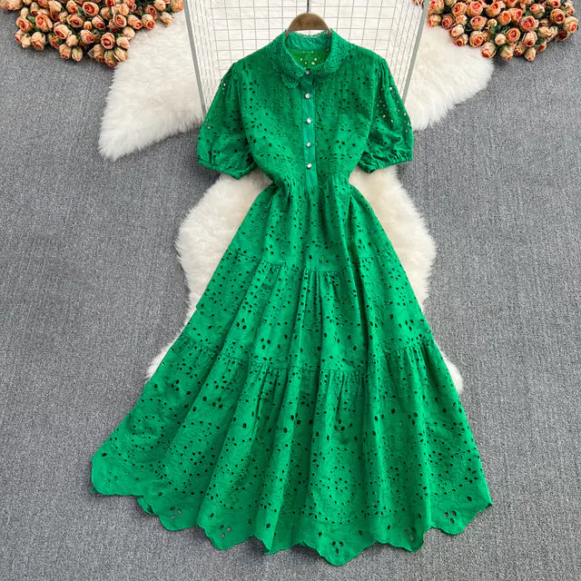 Bohemian Summer Dress with Embroidered Puff Sleeves