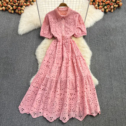 Bohemian Summer Dress with Embroidered Puff Sleeves