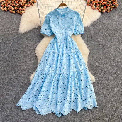 Bohemian Summer Dress with Embroidered Puff Sleeves
