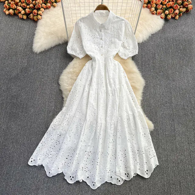 Bohemian Summer Dress with Embroidered Puff Sleeves