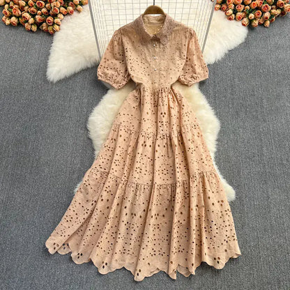 Bohemian Summer Dress with Embroidered Puff Sleeves