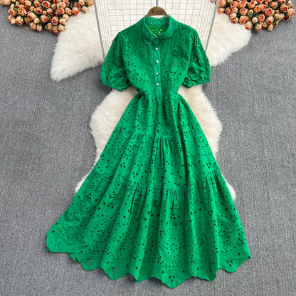 Bohemian Summer Dress with Embroidered Puff Sleeves