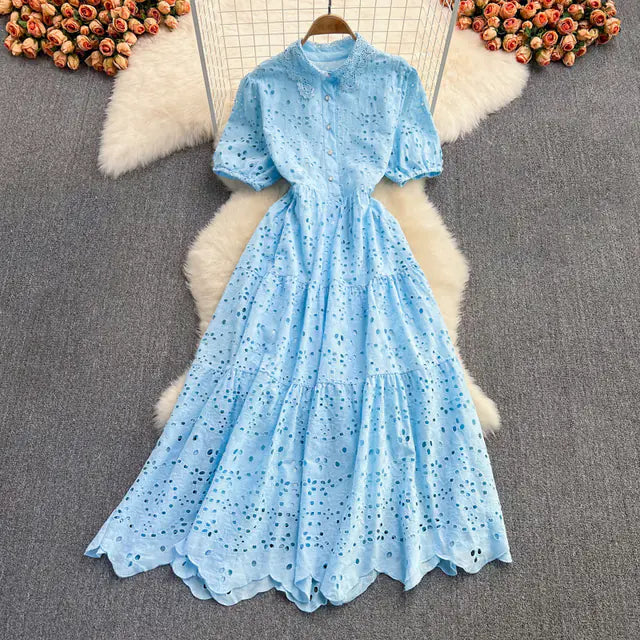 Bohemian Summer Dress with Embroidered Puff Sleeves