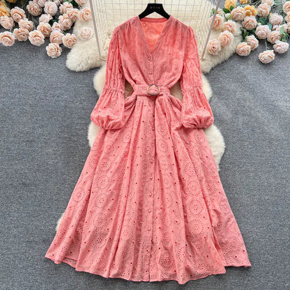 Bohemian Summer Dress with Embroidered Puff Sleeves
